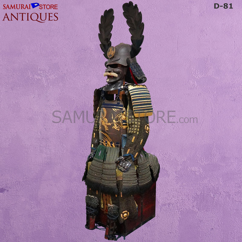 D81 Antique Samurai Armor Dragon Makie & Great horns w/ Certificate