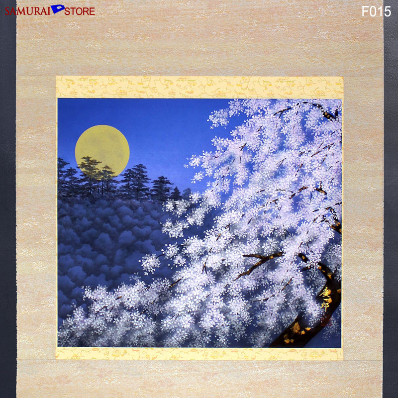 Hanging Scroll Painting SAKURA Cherries at Moony Evening  - Kakejiku F015 - SAMURAI STORE